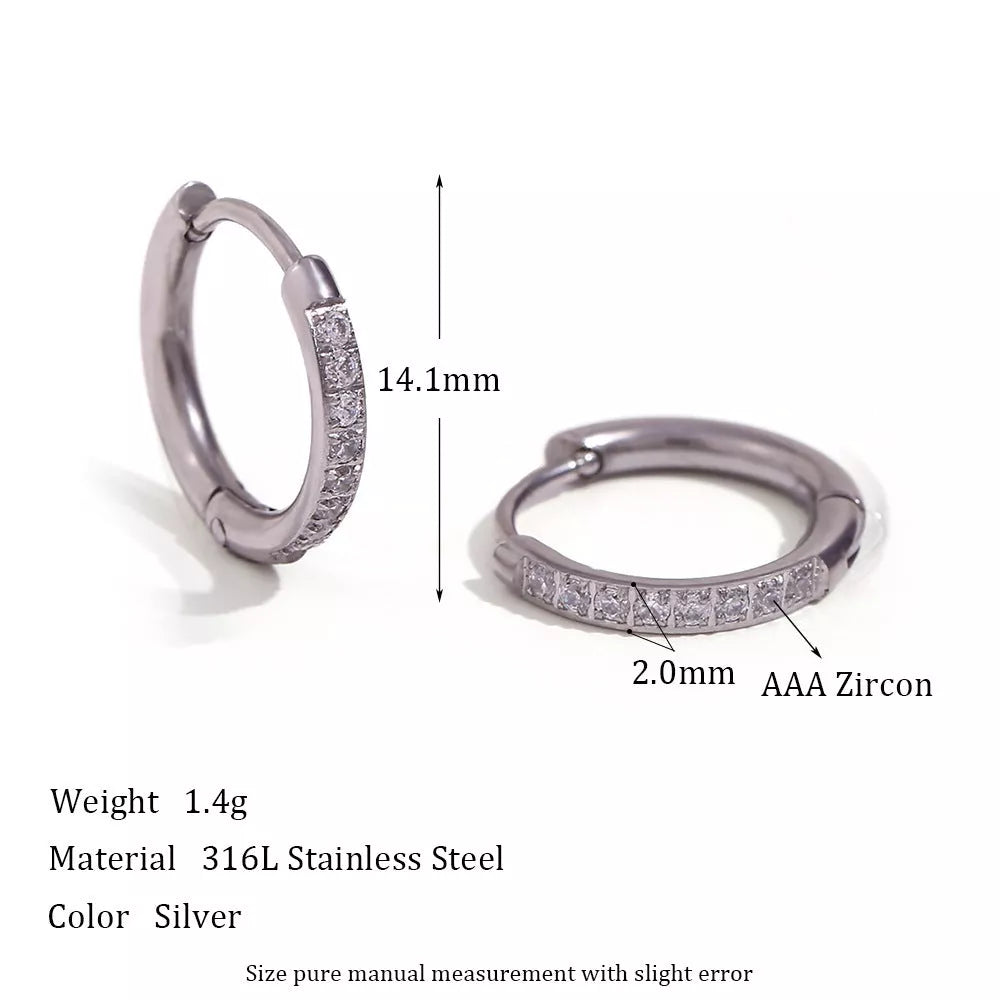 Women's titanium steel rounded edge zircon earrings in gold and steel finishes
