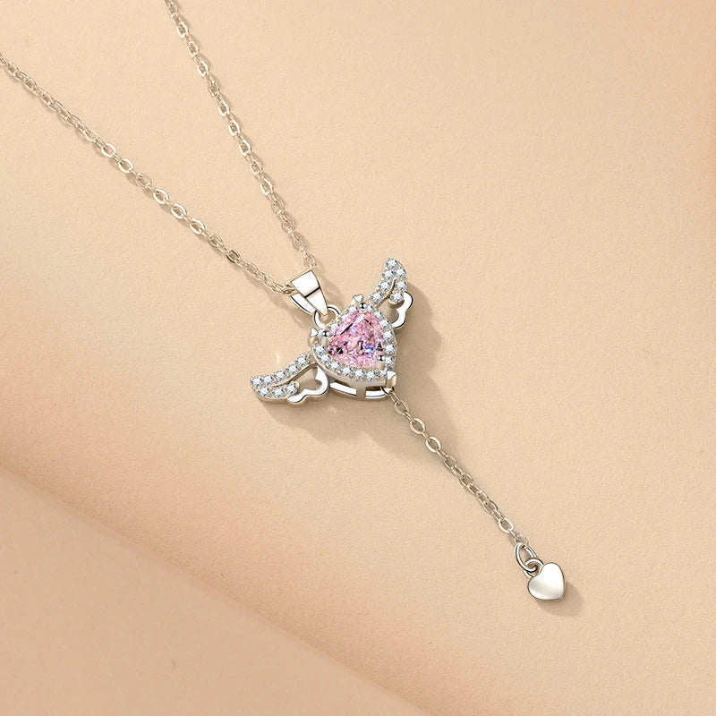Enchanting necklace with Cupid heart and fluttering angel wings, crafted with titanium steel and sparkling zircon crystals