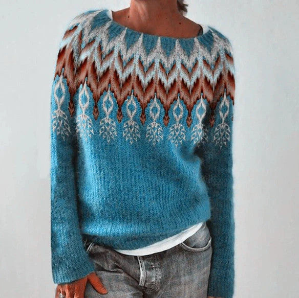 A stylish loose-fit knit jumper with a variety of colourful patterns and designs