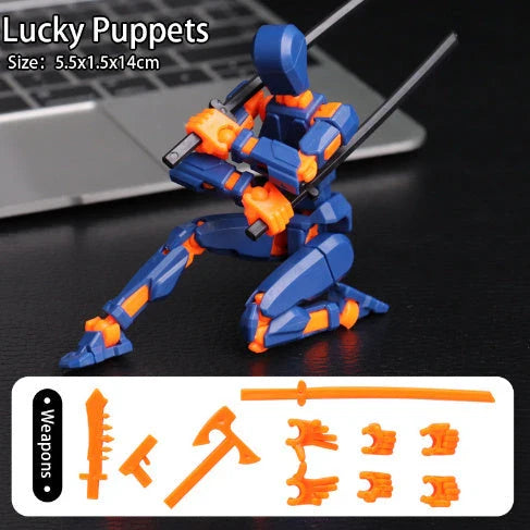 Poseable 3D-printed transforming robot action figure toy in various bright colors