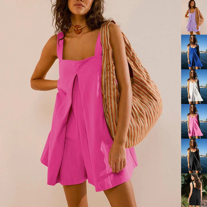 Sleeveless jumpsuit in various colors featuring a square neckline and relaxed fit for comfortable summer style