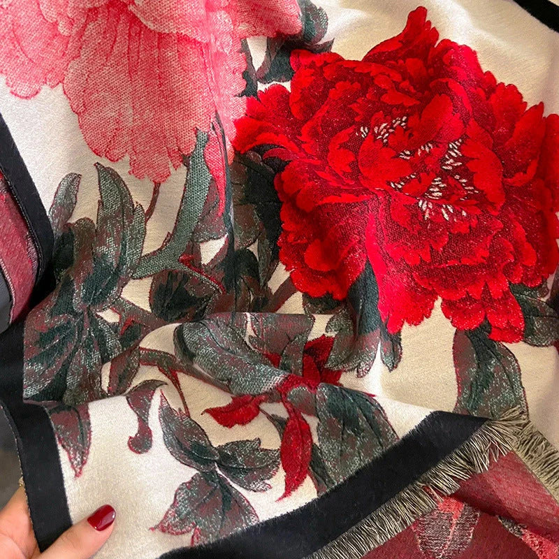 Retro Floral Imitation Cashmere Scarf for Women in Beige Red