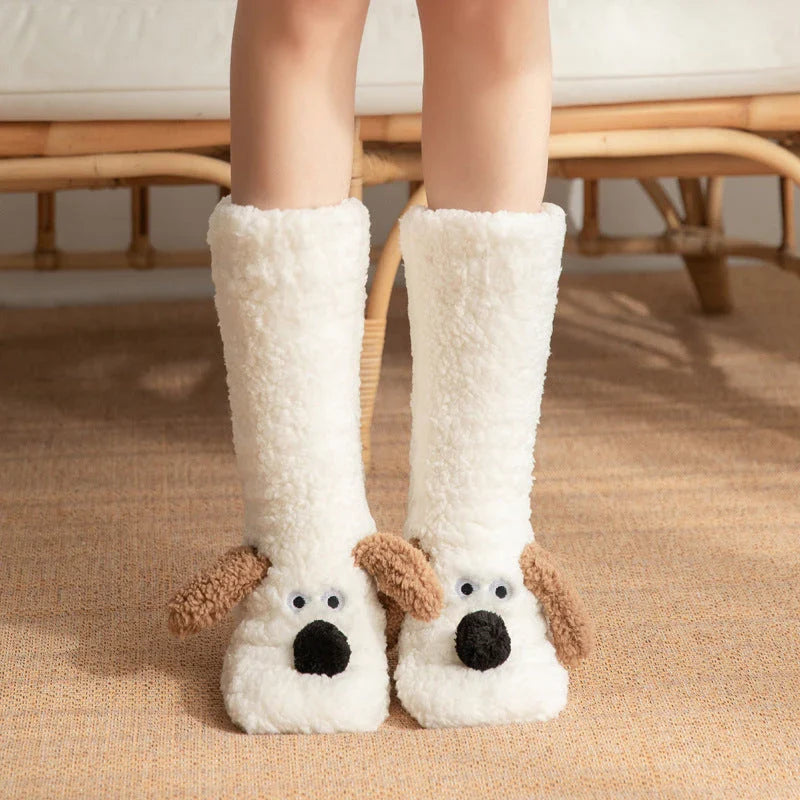 Cozy cartoon dog-patterned floor socks in various colors for comfortable winter wear