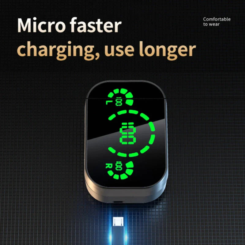 Wireless Bluetooth earbuds with digital display, showing different color and style options