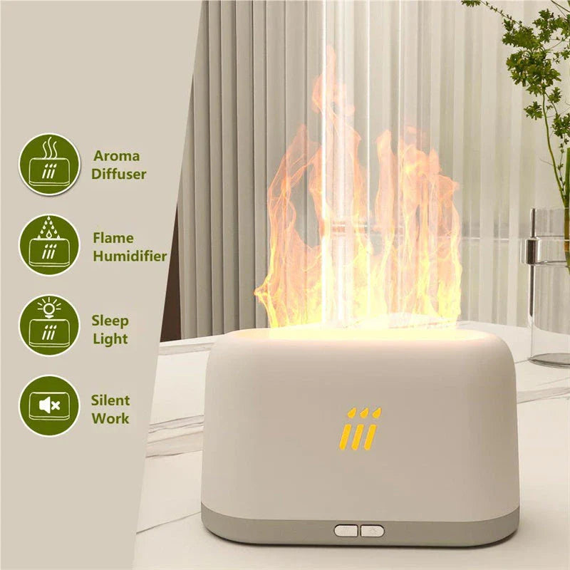 Elegant aroma diffuser and ultrasonic humidifier with mesmerising LED flame-like effects, ideal for modern British homes