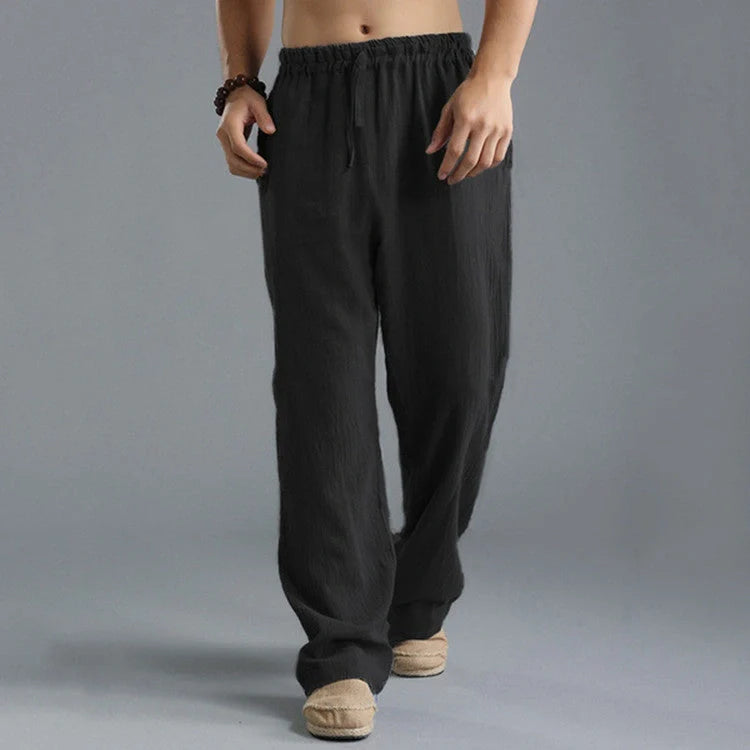 Men's breathable linen loose-fit sports pants in khaki, black, light blue, and off-white
