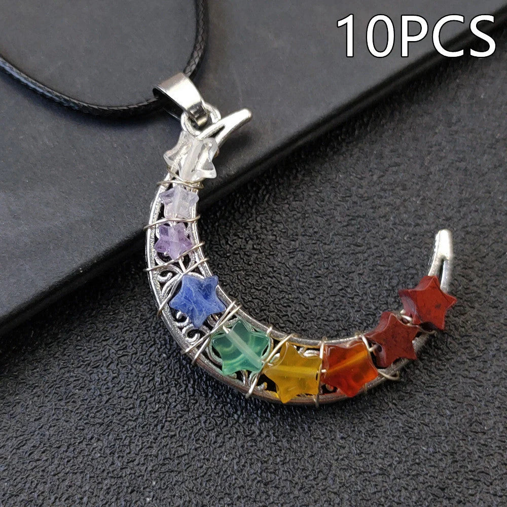 Seven Chakras Crystal Moon Pentagram Necklace in bohemian style