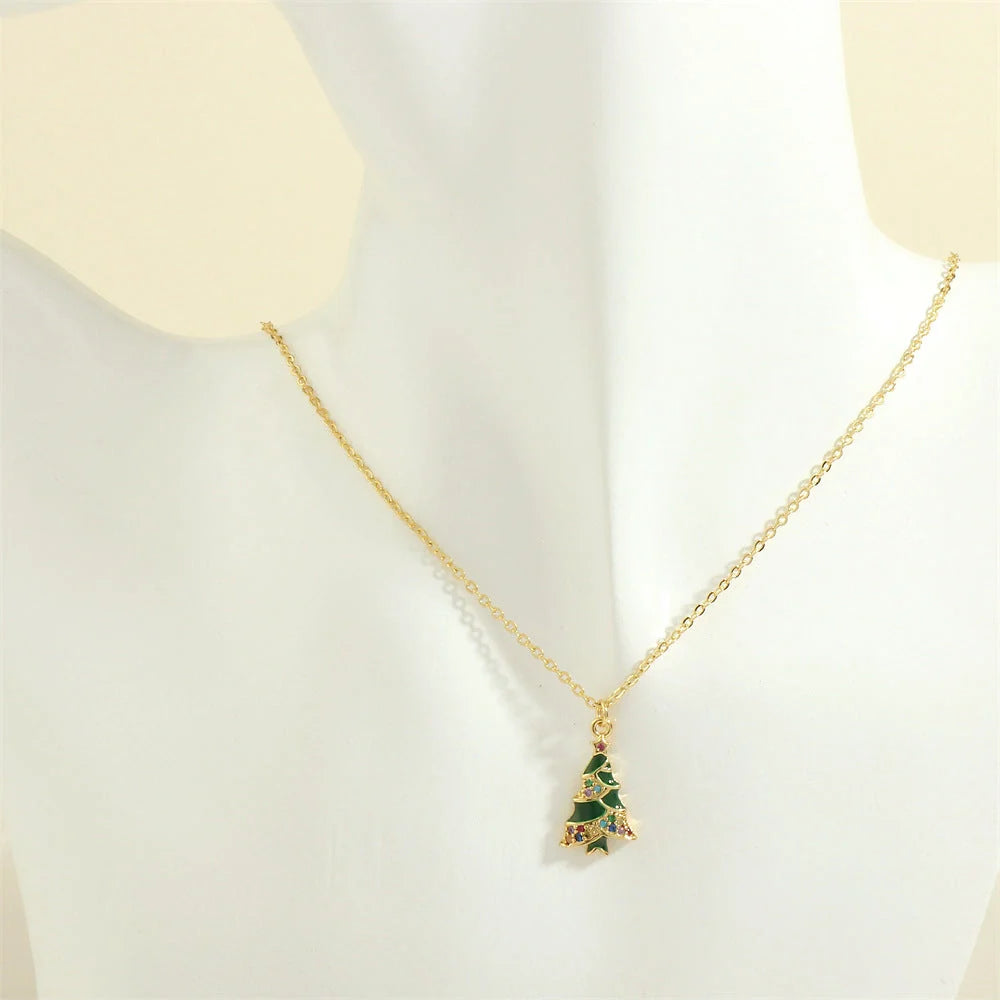 Festive Christmas-themed necklace with oil-drop pendant and coloured rhinestones