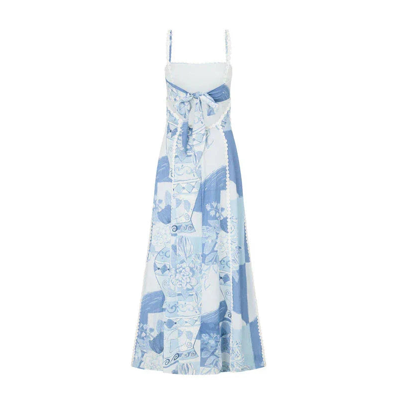 Elegant floral lace backless dress with bow straps in various color options