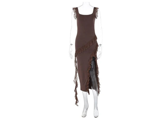 Elegant satin slip dress with ruffle detailing and thigh-high slit, available in various colours and sizes.