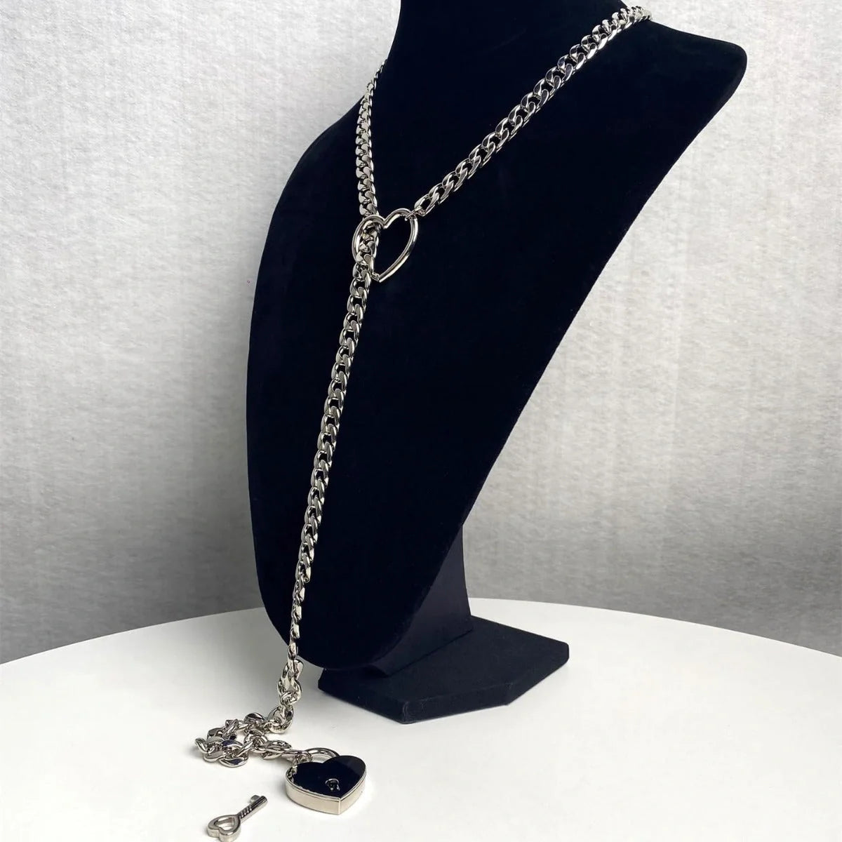 Adjustable Heart Slip Chain Necklace with Key Lock Charm in Black, Silver, and Gold Colours