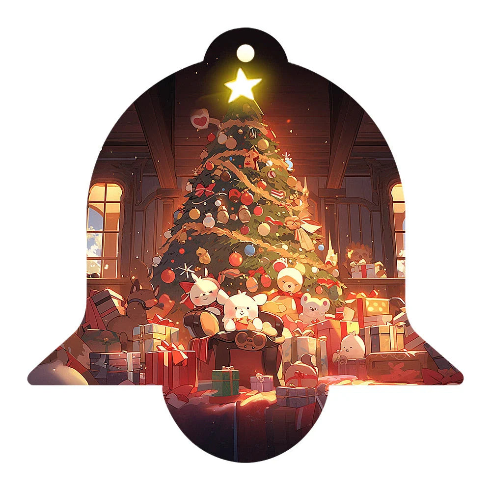 Festive car ornament hanging from rearview mirror with Christmas designs