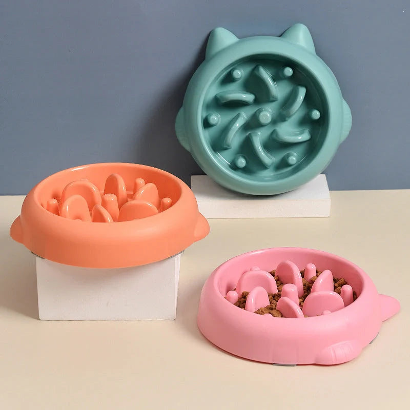 Pet slow feeder bowl in green, pink, or orange with anti-choking design