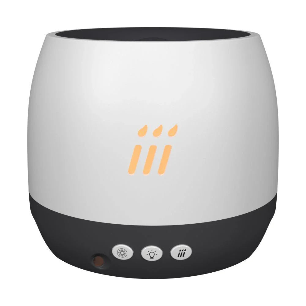 Elegant aroma diffuser and ultrasonic humidifier with mesmerising LED flame-like effects, ideal for modern British homes