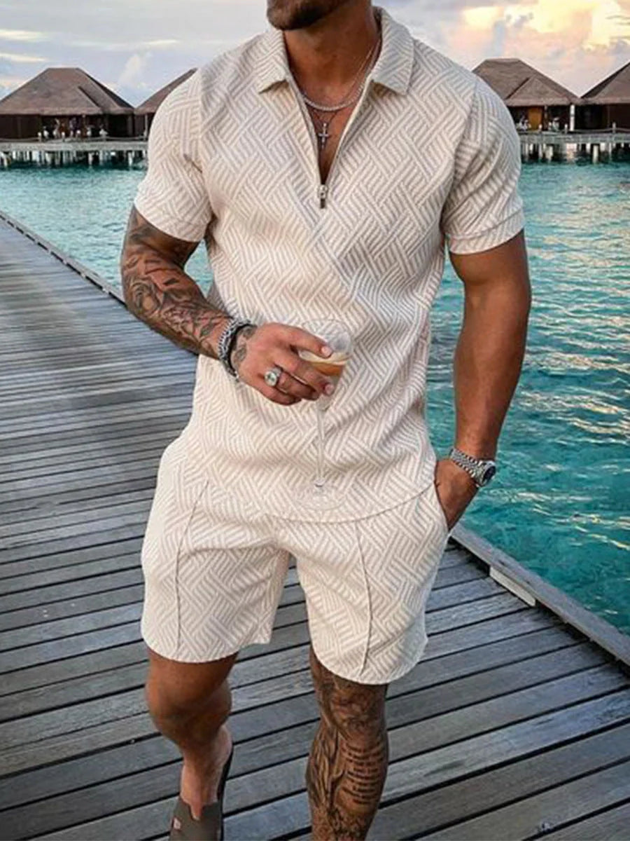 Men's casual contrast polo zip lapel shirt with shorts set in various colours