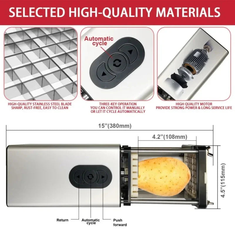 Electric French Fry Cutter with stainless steel blades, perfect for slicing and dicing vegetables in commercial and home kitchens