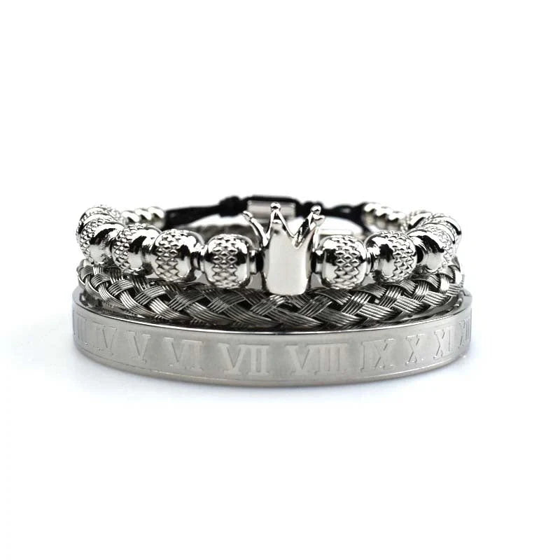 Men's stainless steel crown charm adjustable bracelet with zircon details
