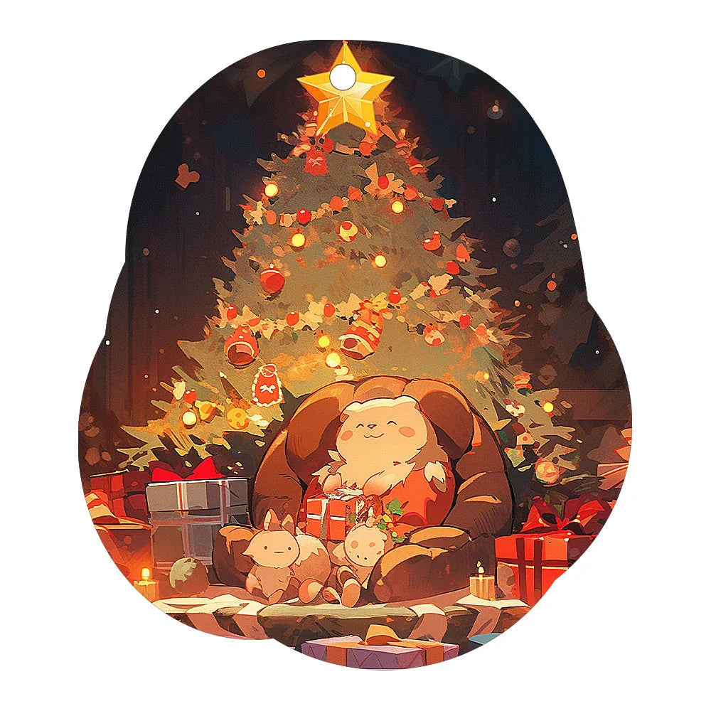 Festive car ornament hanging from rearview mirror with Christmas designs