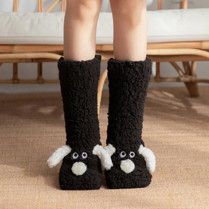 Cozy cartoon dog-patterned floor socks in various colors for comfortable winter wear