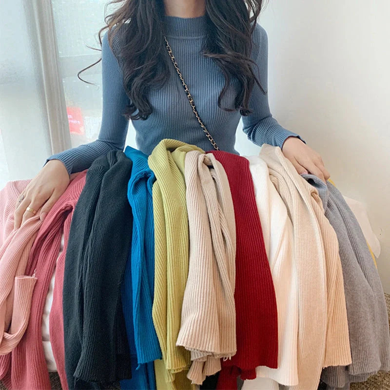 Solid Colour Pit Strip Knit Pullover Turtleneck Sweater in various colours