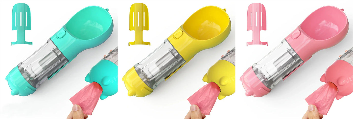 Versatile 3-in-1 Pet Water Bottle with Feeding Bowl and Waste Bag Storage
