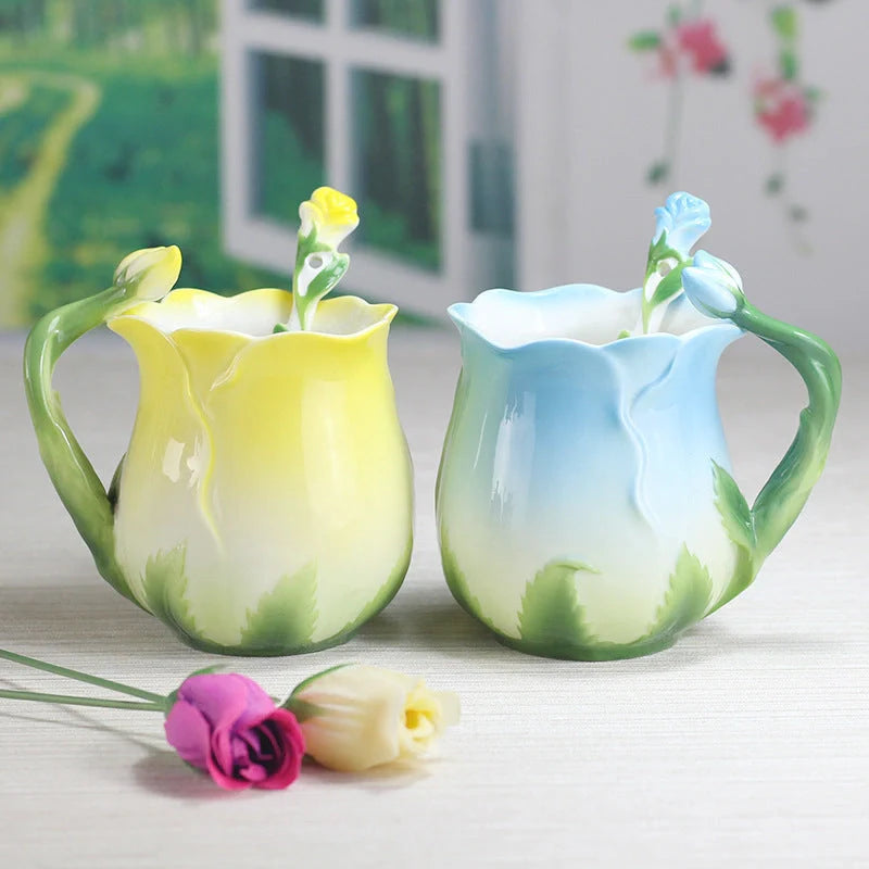 Hand-painted rose ceramic coffee mug with spoon, 320ml capacity