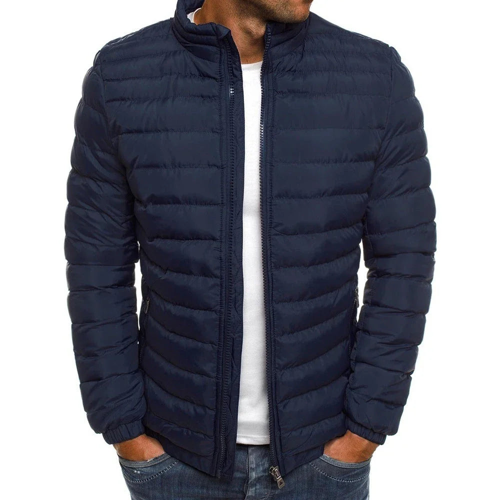 Premium men's insulated jacket in a variety of vibrant colors, featuring a durable, water-resistant outer shell and cozy polyester fiber insulation for warmth and comfort during outdoor activities.