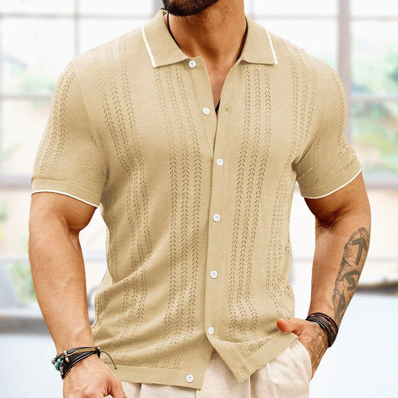 Stylish short-sleeved polo shirt with unique flocked design, available in a variety of rich colors for versatile summer style