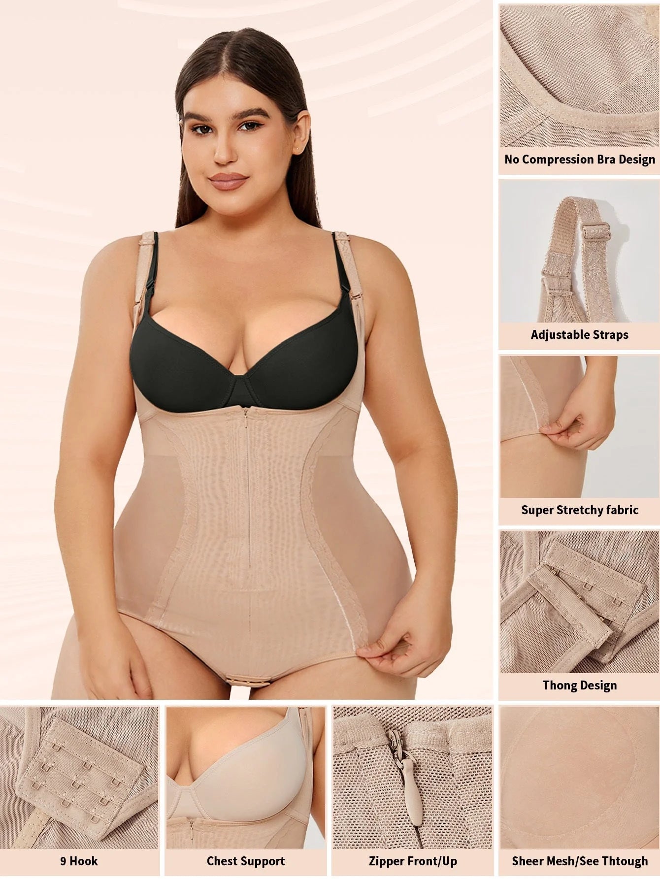 Women's slimming shapewear bodysuit in black and apricot for tummy control and a smooth silhouette.