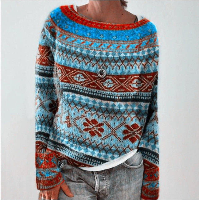 A stylish loose-fit knit jumper with a variety of colourful patterns and designs