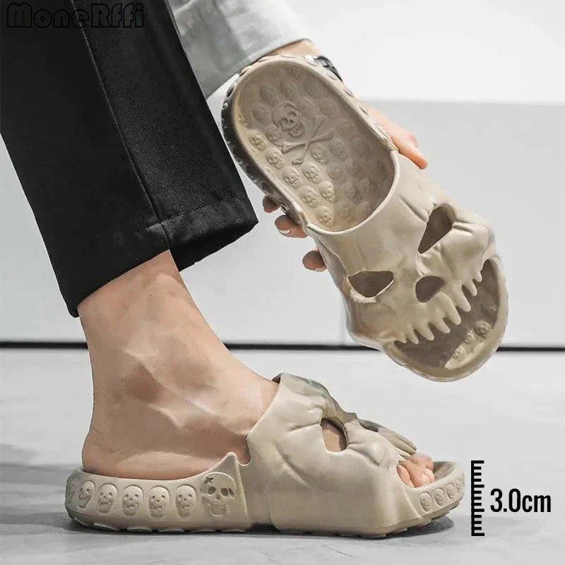 Spooky skull-designed slippers in various colors and sizes for indoor, outdoor, and beach wear