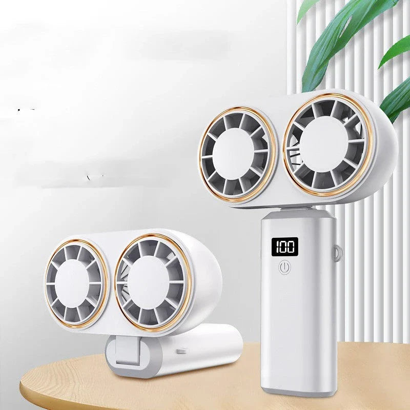 Portable handheld fan with foldable design, digital display, and USB rechargeable power for use in travel, work, and outdoor activities