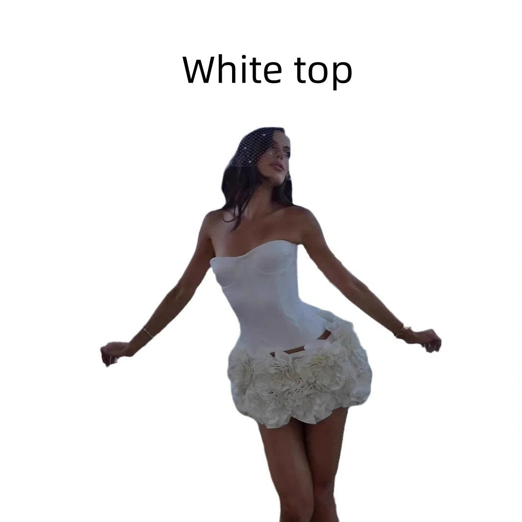 Adjustable tube top ball gown mini dress in various colours, featuring a ruffled skirt and premium cotton construction