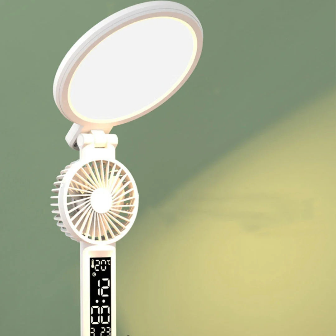 Versatile USB charging table lamp with LED clock, dimmable lighting, and detachable fan for workspace convenience and comfort