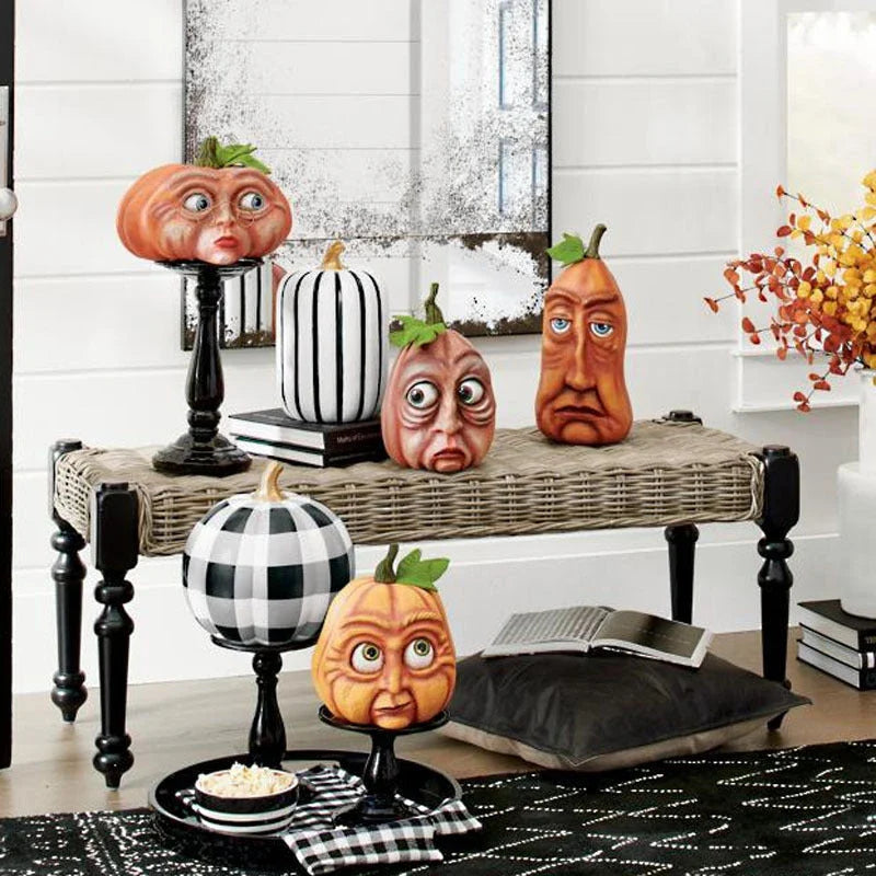 A collection of hand-crafted pumpkin decorations in various sizes, perfect for adding an enchanting touch to your Halloween celebrations.