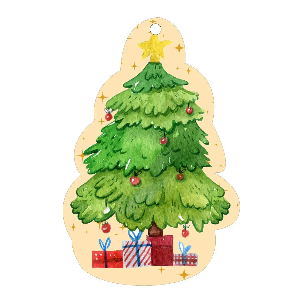 Festive car ornament hanging from rearview mirror with Christmas designs
