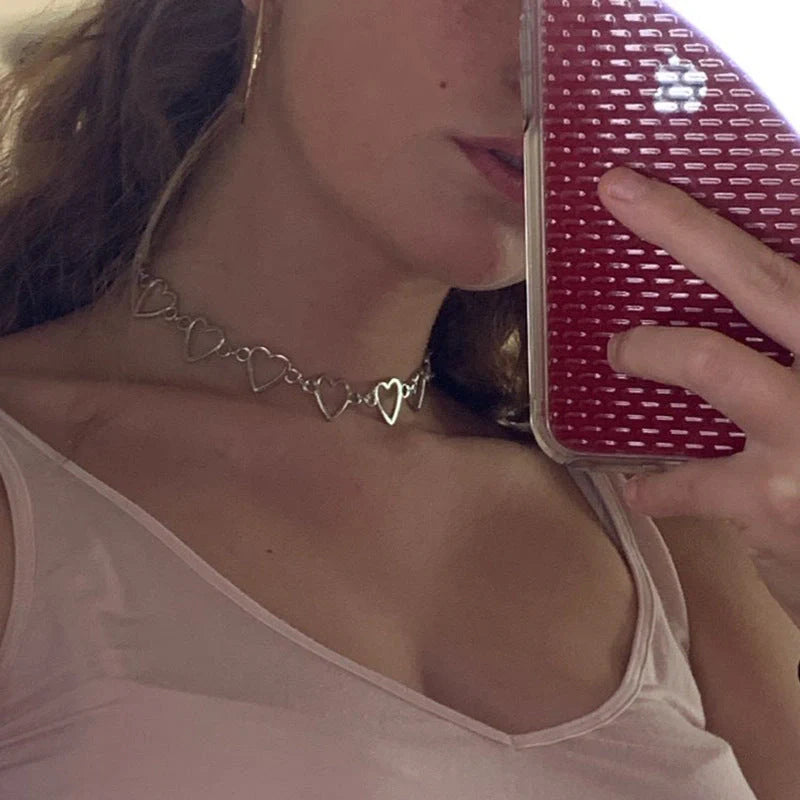 Hollow Korean Sweet Love Heart Choker in silver and gold with adjustable chain