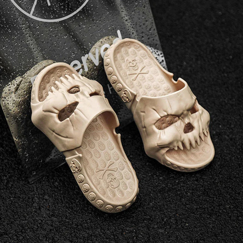 Spooky skull-designed slippers in various colors and sizes for indoor, outdoor, and beach wear