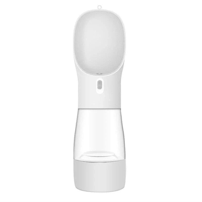 Portable pet water bottle and food bowl made of durable plastic, available in multiple colors for outdoor adventures with your furry friend.