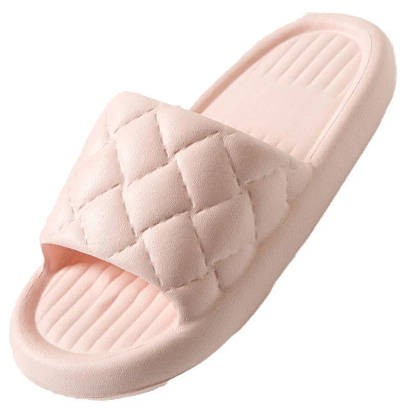 Comfortable and lightweight home slippers with a unique rhombus pattern, waterproof and odor-resistant EVA material, and a non-slip sole for safe indoor wear.