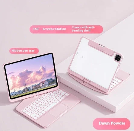 360-degree rotating keyboard case with transparent backplate and built-in Apple Pencil holder for iPad