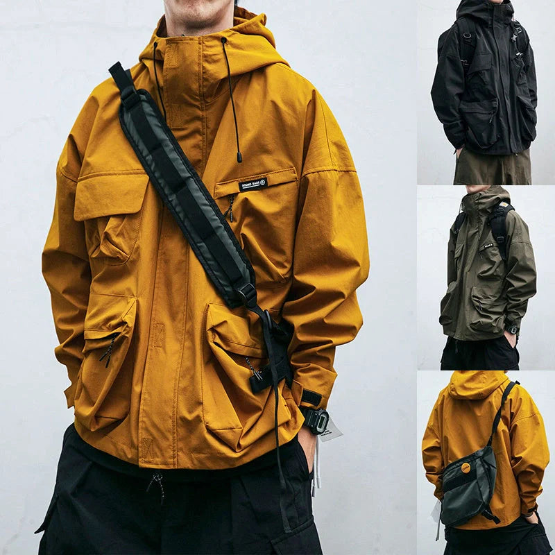 Men's hooded jacket in black, yellow, or green with windproof feature and three-dimensional pockets