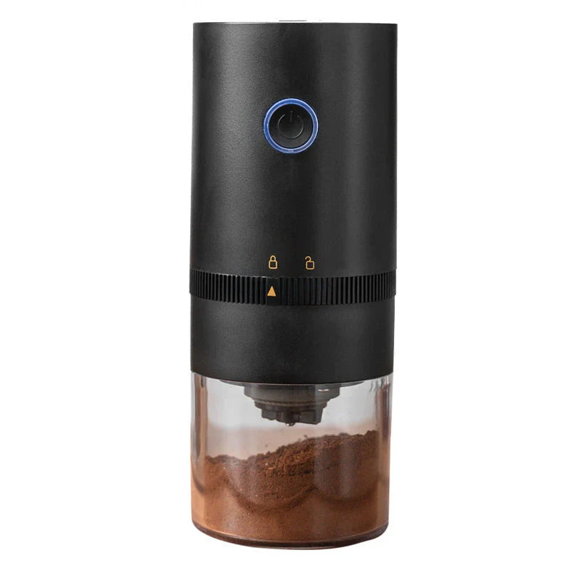 Portable electric coffee grinder with adjustable grind settings, USB-C charging, and dishwasher-safe components for fresh ground coffee on the go.