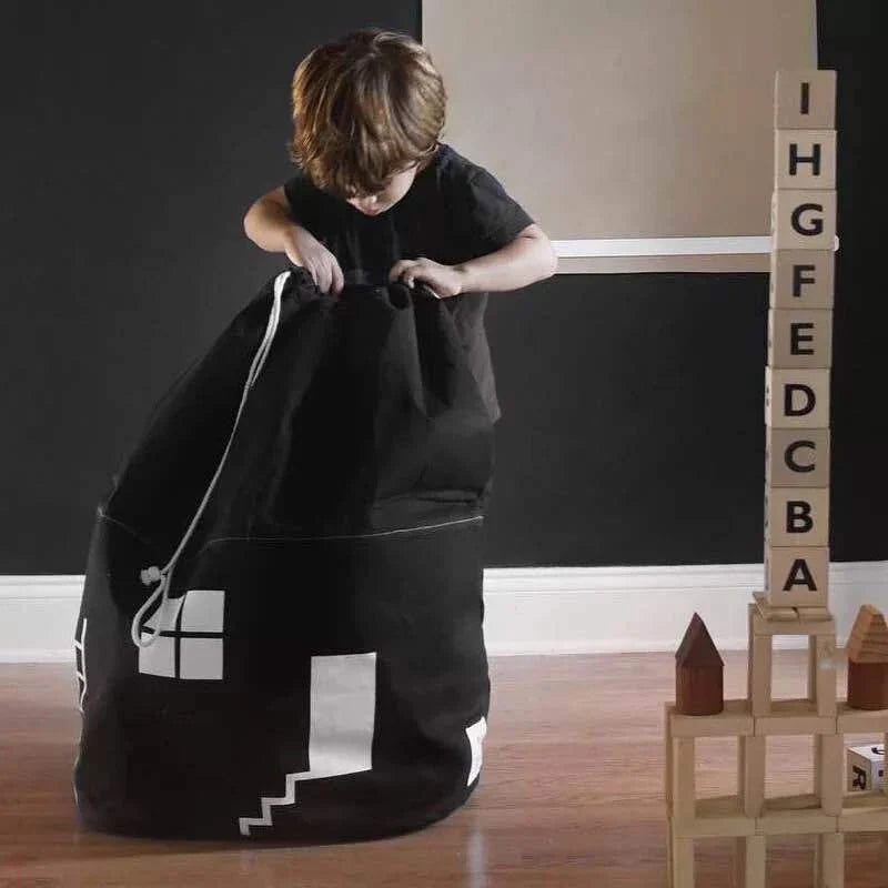 Cotton canvas storage bag with house design for storing kids' toys, clothes, and other items in their room
