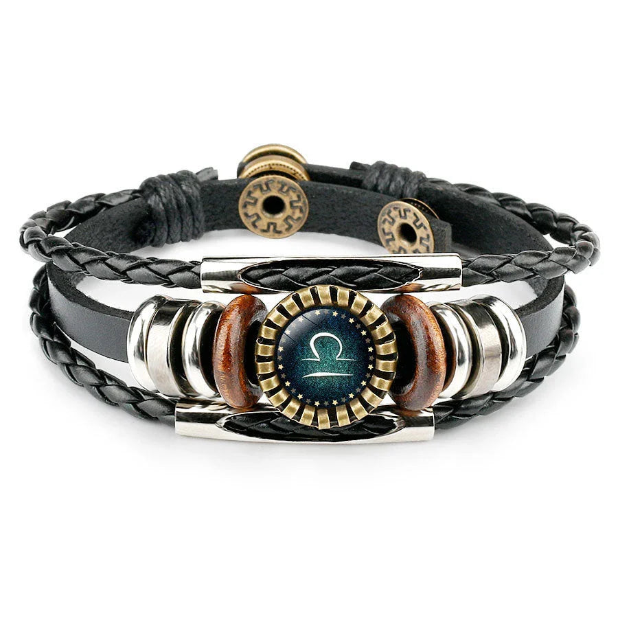 Stylish multilayer leather bracelet with zodiac sign artwork, suitable for men