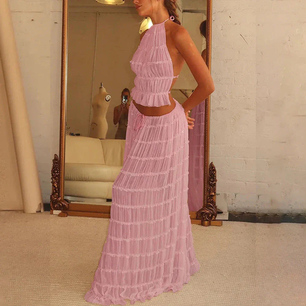 Chic sleeveless backless cropped halter top and pleated maxi dress set in various colors