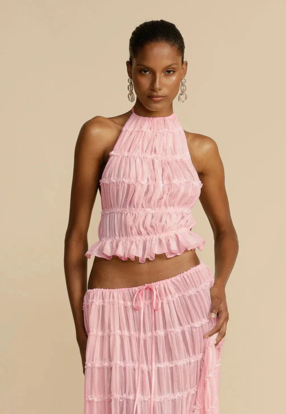 Chic sleeveless backless cropped halter top and pleated maxi dress set in various colors