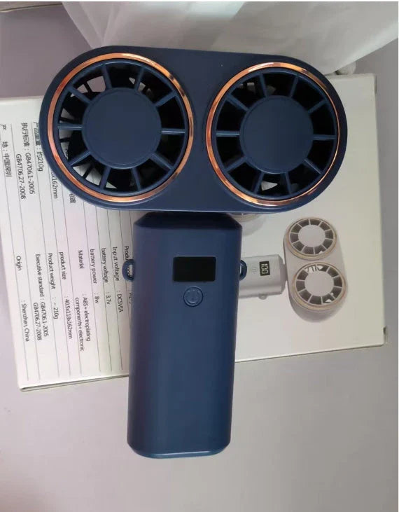 Portable handheld fan with foldable design, digital display, and USB rechargeable power for use in travel, work, and outdoor activities