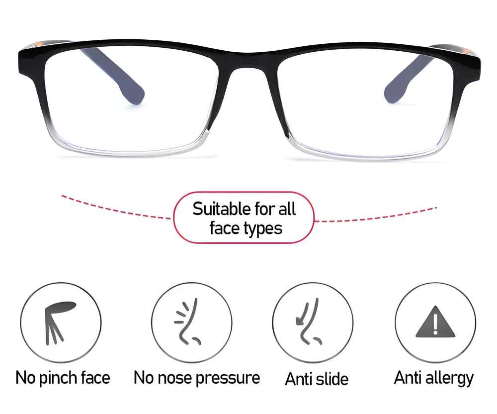 Stylish anti-blue light reading glasses in black, blue, brown, and purple frames with multiple strength options