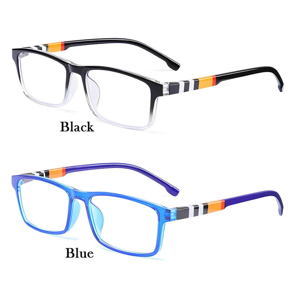 Stylish anti-blue light reading glasses in black, blue, brown, and purple frames with multiple strength options